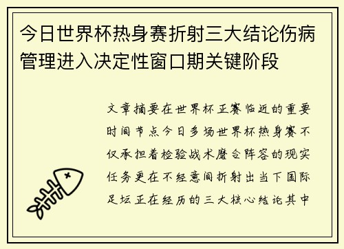 今日世界杯热身赛折射三大结论伤病管理进入决定性窗口期关键阶段