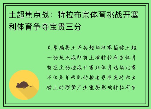 土超焦点战：特拉布宗体育挑战开塞利体育争夺宝贵三分